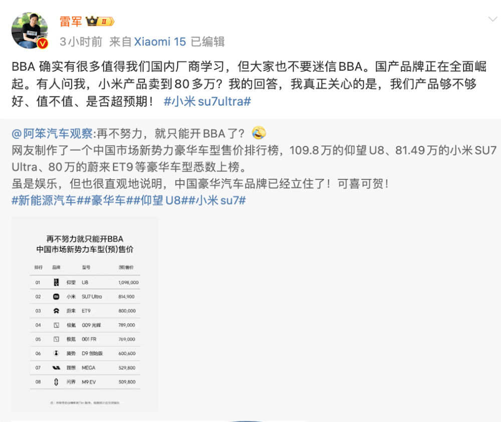 皇冠信用網正网_小米汽车卖到80多万皇冠信用網正网，网友称再不努力只能开BBA！雷军：不要迷信BBA